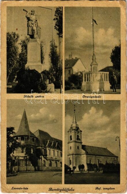 Berettyóújfalu, Hősök szobra, országzászló, Levente ház, Református templom (EK)