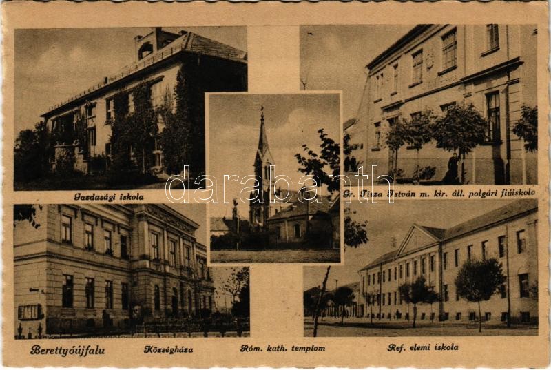 Berettyóújfalu, Gazdasági iskola, Gróf Tisza István m. kir. állami polgári fiúiskola, Községháza, Római katolikus templom, Református elemi iskola