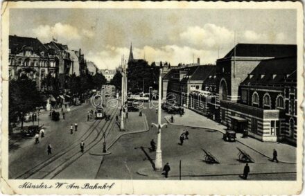 1937 Münster, Am Bahnhof / railway station, tram, automobile, Hotel Continental (fa)
