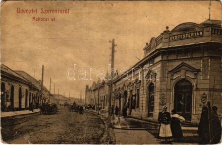 1909 Szerencs, Rákóczi út, gyógyszertár, Kurlander O. üzlete. W.L. 1139. (gyűrődések / creases)