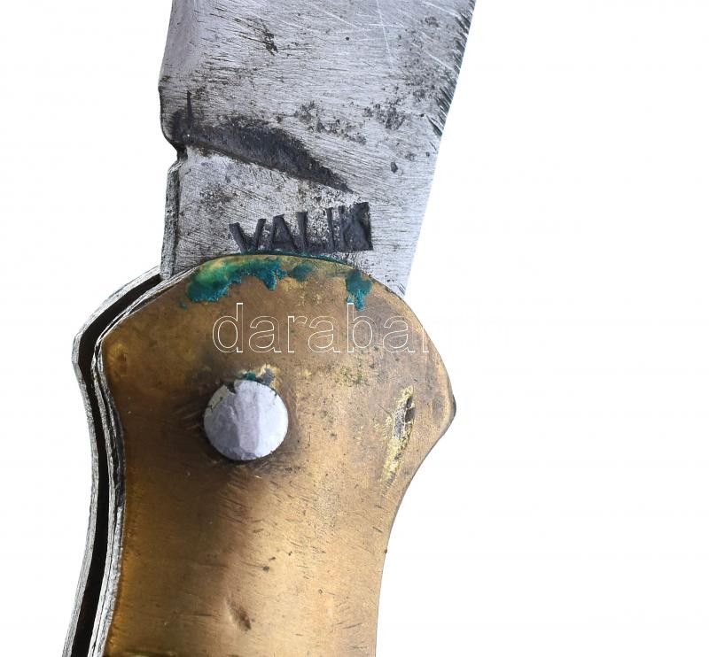 Jelzett vadász bicska, zsebkés, Válik jelzéssel a pengén, bőr tokkal, réz és szaru markolattal, h: 26 cm - Image 2