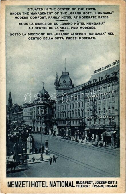 Budapest VIII. Hotel Nemzeti (National) szálloda, Dreher bak sör reklám, villamos. József körút 4. (EK)
