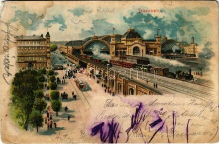 Dresden, Hauptbahnhof / railway station, tram, locomotive, train. Kunstanstalt O. Miesler litho (EM)
