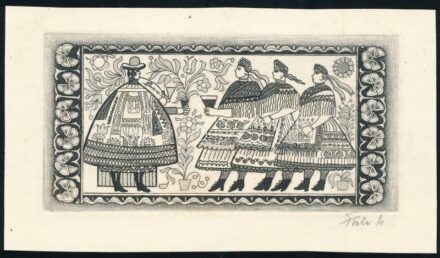 Füle Mihály (1914-2005): Három grácia. Rézkarc, papír, jelzett. 6,5x12,5 cm