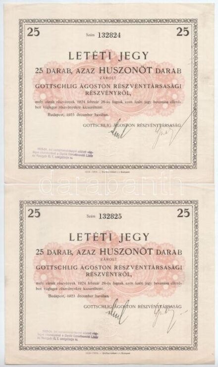 Budapest 1923. 'Gottschlig Ágoston Részvénytáraság' letéti jegy 25db zárolt részvényről, felülbélyegzéssel, 'BARÓTI SZESZFINOMITÓ LÍKŐR- és RUMGYÁR RÉSZVÉNYTÁRSASÁG' feliratú szárazpecséttel (2x, sorszámkövető) T:III