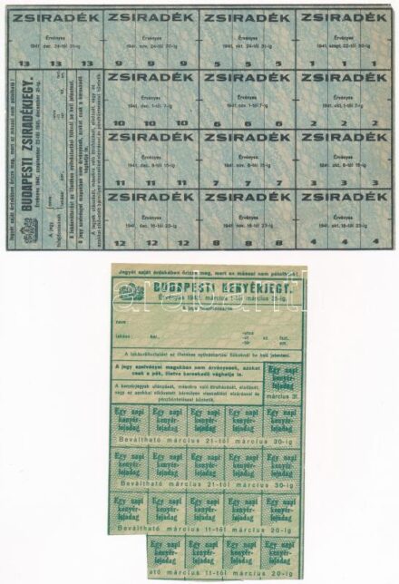 1941-1943. 5xklf élelmiszerjegy-tétel, benne kenyér-, zsiradék-, és tejjegy T:II-III