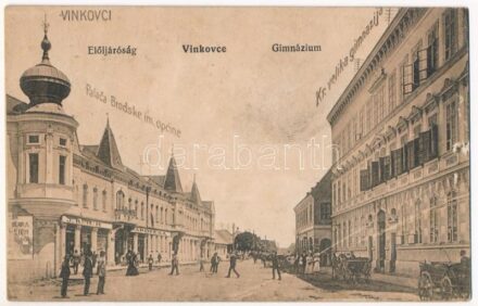 1916 Vinkovce, Vinkovci; Előljáróság, gimnázium, J. Reich gyógyszertára. Vasúti levelezőlapárusítás 2581. / grammar school, pharmacy, palace (ázott / wet damage)