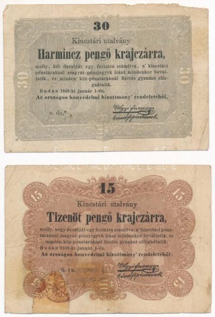1849. 15kr (ragasztással restaurált) + 30kr 'Kossuth bankó' T:III- Adamo G102, G103