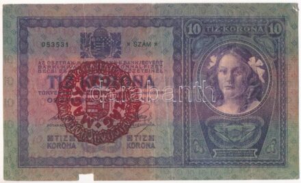 1904. 10K piros 'MAGYARORSZÁG' körbélyegzővel T:III kisebb anyaghiány