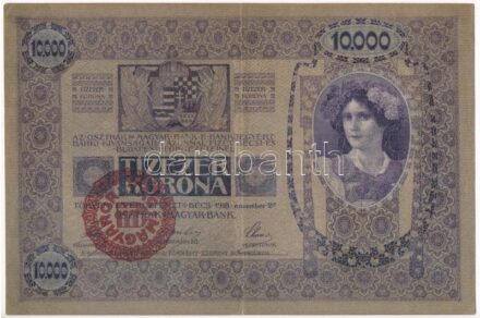 1918. 10.000K piros 'MAGYARORSZÁG' felülbélyegzéssel T:III Adamo K40