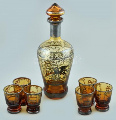 Velencei ezüstfestett likőrös készlet, üveg, kopott, jelzés nélkül, m: 6,5-26cm