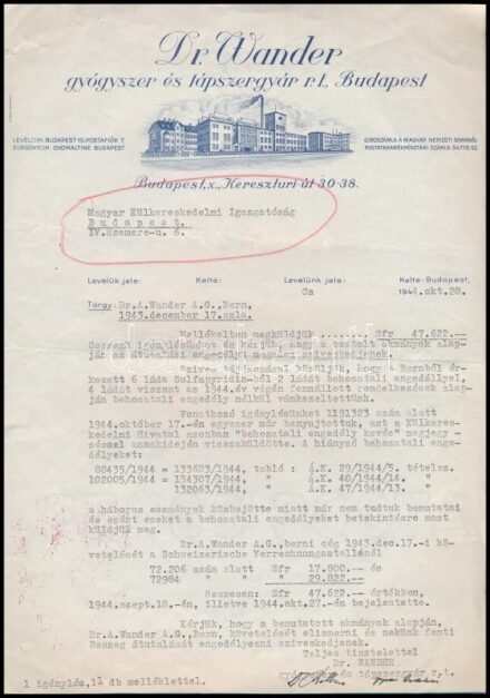 1944 Bp., Dr. Wander Gyógyszer- és Tápszergyár Rt. fejléces levélpapírjára írt levél