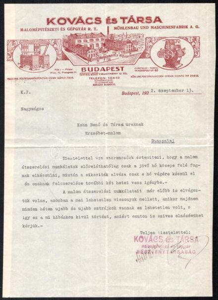 1922 Bp., Kovács és Társa Malomépítészeti és Gépgyár Rt. fejléces levélpapírjára írt levél