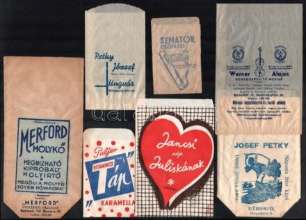 Vegyes reklámos papírtasak tétel (Merford Molykő, Puljer Vitaminos Táp, Jancsi adja Juliskának, stb.), 7 db