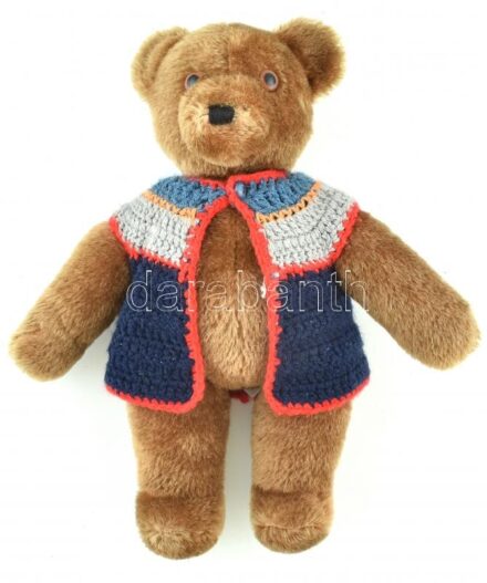 WESTFALENSTOFFE német játékmackó, 35 cm magas, külső borítás 100% pamut, kötött ruha, töltelék 100% gyapjú. Szép állapotban.