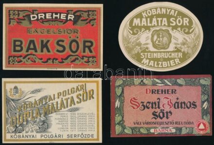 7 db sörös címke (Kőbányai Maláta Sör, Dreher Bak Sör, stb.)