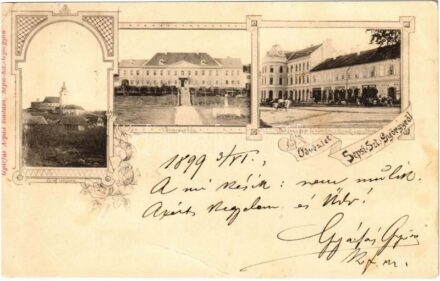 1899 (Vorläufer) Sepsiszentgyörgy, Sfantu Gheorghe; Református templom, Vármegyeház, Dohánygyár és városház a Kossuth Lajos téren, Deák és Bikfalvi, Benkő Viktor, Gyárfás Árpád és Kozma Lajos üzlete. Gyárfás Árpád kiadása /