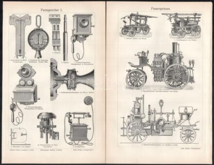 cca 1900 Gépek, műszaki találmányok 14 db fametszetű tábla 31x25 cm