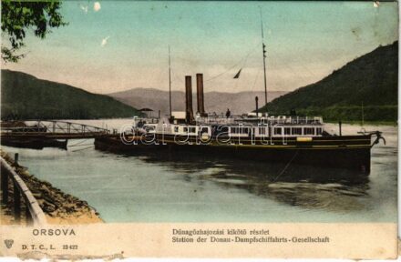 Orsova, Dunagőzhajózási kikötő részlet, 'Sophie' (Később Melk) oldalkerekes személyszállító gőzhajó / Station der Donau-Damfschiffahrts-Gesellschaft / port with Hungarian sidewheeler passenger steamer (b)