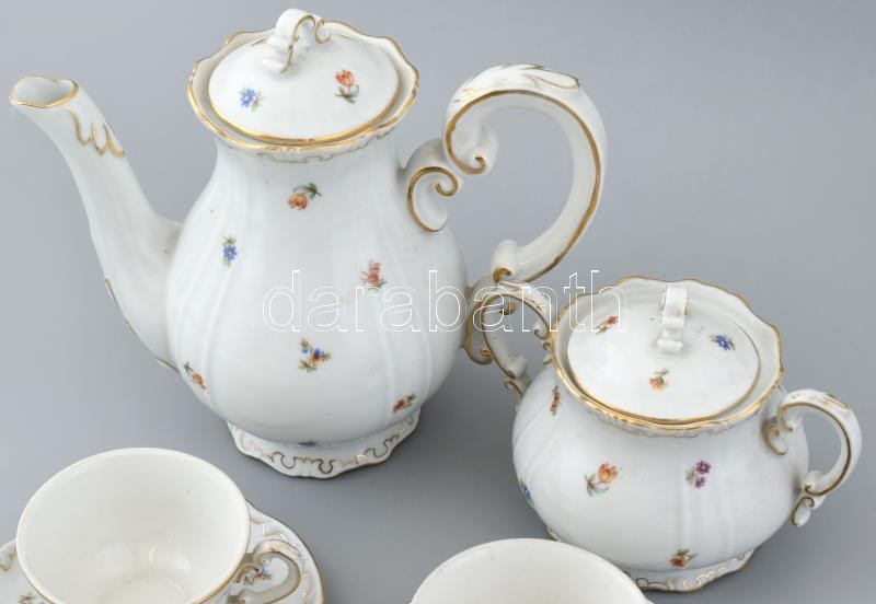 Zsolnay virágmintás mokkás készlet, kávés kiöntővel, cukortartóval, 4 db csészével, matricás, jelzett, kopott. - Image 2