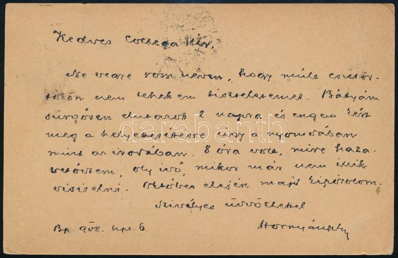 1908 Hornyánszky Gyula,(1868-1933) klasszika filológus autográf levelezőlapja Heller Bernátnak - Image 2