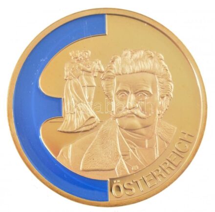 2000. 'Ausztria (Johann Strauss)' aranyozott Cu-Ni, részben kézzel festett emlékérem'Die ersten Farb-Europa-Prägungen' sorozatból, sorszámozott tanúsítvánnyal (40mm) T:PP 2000. 'Österreich (Johann Strauss)' gold plated Cu-Ni, partially