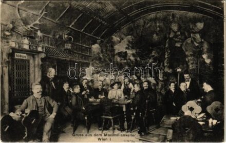 1909 Wien, Vienna, Bécs; Gruss aus dem Maximiliankeller. Michael König's Maximiliankeller. Maximilianstrasse 2. / beer hall, interior with guests and waiters (EK)