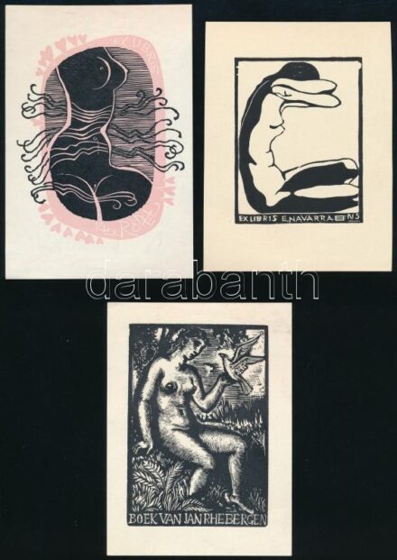 3 db ex libris Réthy István gyűjteményéből, linómetszet, fametszet, papír, 12×9 cm