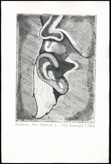 Ruzsnyák P. jelzéssel: Arc-sorozat 2., 2008. Rézkarc, papír, jelzett, számozott: 1/5. 19,5×14,5 cm