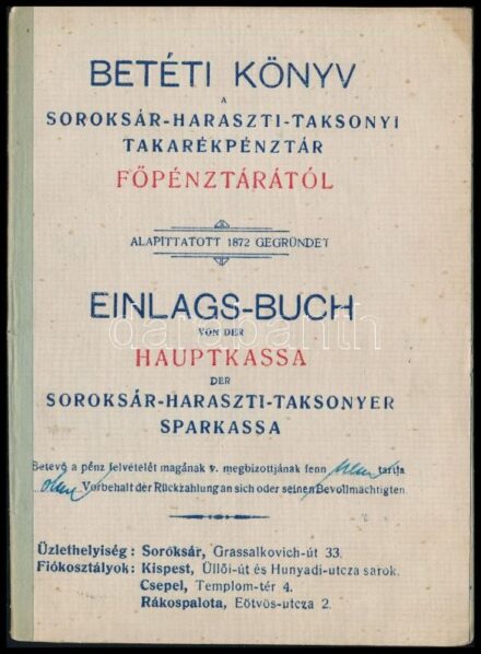 Soroksár-Haraszti-Taksonyi Takarékpénztár takarékbetét könyv