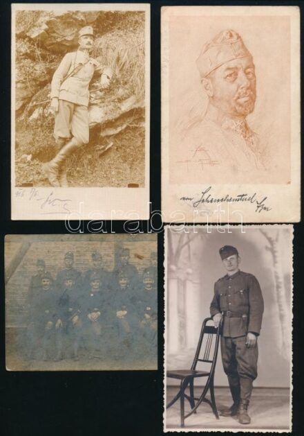 1916-1945 7 db katonai fotó és nyomat, 8,5×6 és 14×9 cm közötti méretekben