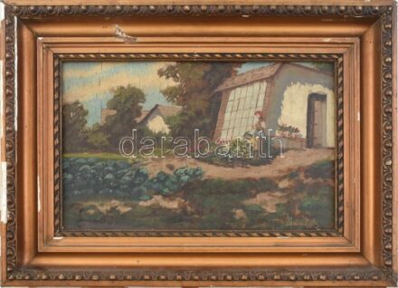 Szatmáry J. jelzéssel: Kertben. Olaj, rétegelt falemez, sérült. Sérült fakeretben, 25x40cm,