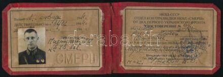 1944-1946 SZMERS szovjet katonai kémelhárító titkosszolgálat tagjának fényképes igazolványa