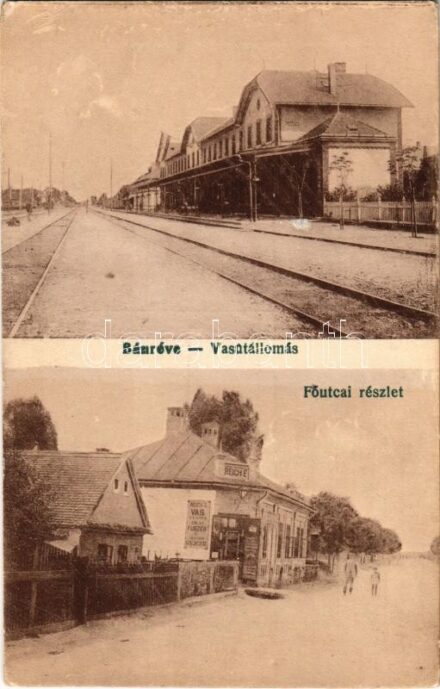 Bánréve, vasútállomás, Fő utca, Reich E. üzlete. Vasúti levelezőlapárusítás 4840.