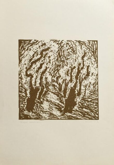 Somlai Vilma (1938-2007): Virágzó mandulafák. Linómetszet, papír, jelzett, E.A. művészpéldány, hátoldalán pecséttel is jelzett, 20×20 cm