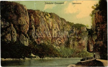 1912 Orsova, Kasanpartie / Cazane / Kazán-szoros, Széchenyi út. Hutterer G. kiadása / gorge, road (Rb)