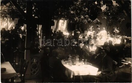 Nagyvárad, Oradea; Restaurant Pisica Albastra / Kék Macska vendéglő, étterem kertje vendégekkel és pincérekkel. Kapuczinus utca 10. / restaurant, garden with guests and waiters. photo