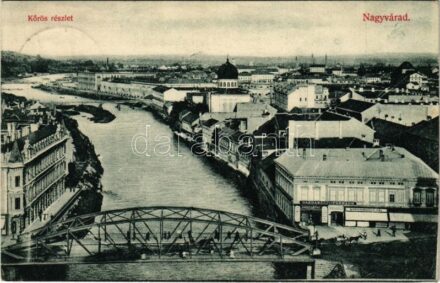 1910 Nagyvárad, Oradea; Kőrös részlet, zsinagóga, híd, Strohmayer Pál, Janky Antal üzlete, Gazdasági és Iparbank. Özv. Ernyei S-né kiadása / Cris river, bridge, shops, bank, synagogue