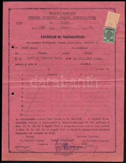 1910, 1946 Román honosítási bizonyítvány + postai föladóvevény