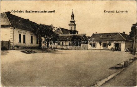 1918 Szalkszentmárton, Kossuth Lajos tér, templom, Führer László üzlete és saját kiadása (EB)
