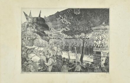 Stettner Béla (1928-1984): Vörös katonák a régi Andrássy úton Rézkarc, karton. Jelzett. 28x40 cm