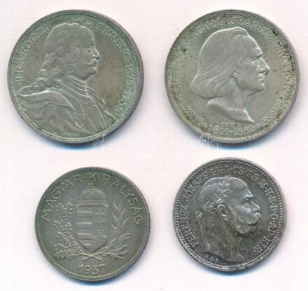 1915KB 1K Ag 'Ferenc József' + 1935. 2P Ag 'Rákóczi' + 1936. 2P Ag 'Liszt Ferenc' + 1937. 1P Ag T:1-,2 patina