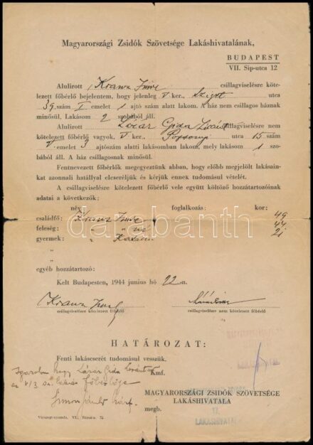 1944 Bp., Zsidó-nem zsidó lakáscseréről szóló okmány