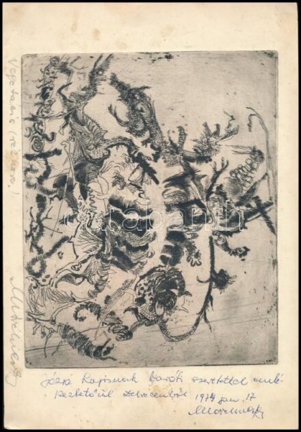 Olvashatatlan jelzéssel: Vegetáció. Rézkarc, papír, jelzett, Józsa Lajosnak szóló ajándékozási sorokkal, lap széle foltos, 17,5x21,5 cm