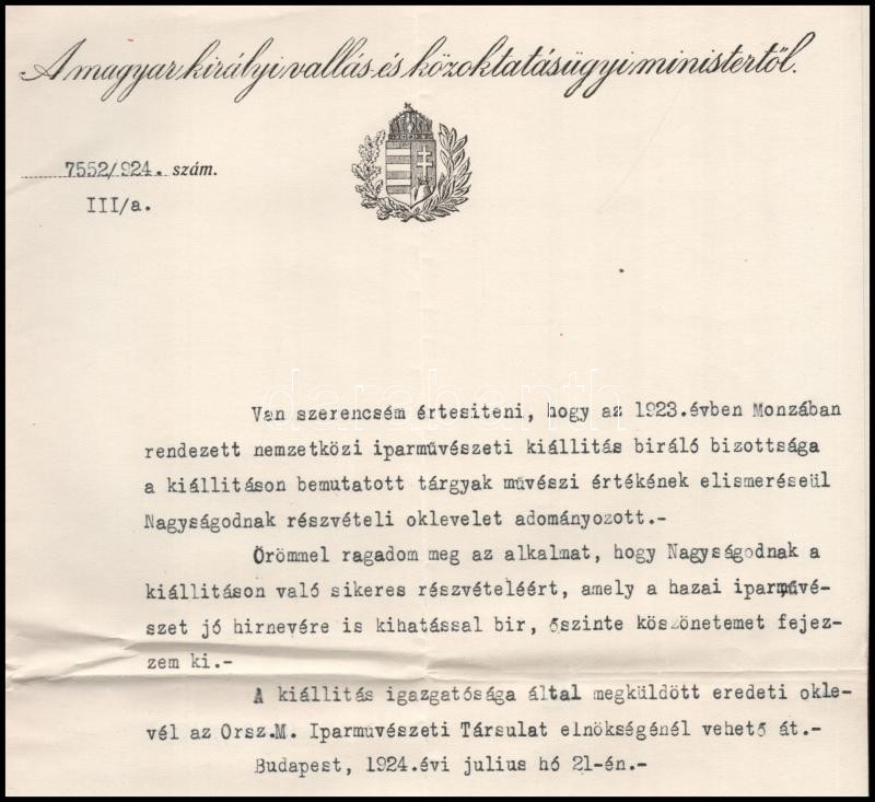 1924 Klebersberg Kunó vallás és közoktatásügyi miniszter aláírása hivatalos levélen kismarty Lechner Jenő építésznek, melyben értesíti, hogy iparművészeti kiállítás dicsérő oklevelét nyerte el. - Image 3