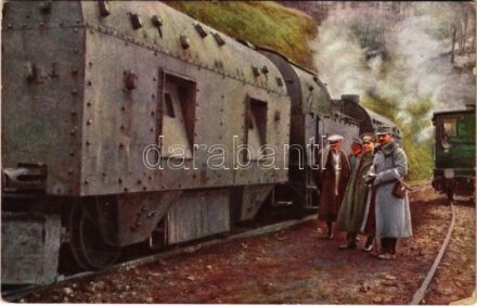 Österreichisch-Ungarischer Panzerzug in den Karpathen. Weltkrieg 1914-1915 / Osztrák-magyar páncélvonat a Kárpátokban. Világháború 1914-1915 / WWI Austro-Hungarian K.u.K. military, soldiers next to a panzer train (armored train) in the