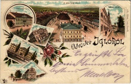 1898 (Vorläufer) Igló, Zipser Neudorf, Spisská Nová Ves; Város felső része, Főgimnázium, Állami tanítóképezde, Evangélikus templom, Városház, Lőcsei utca. Csetényi Emil kiadása / grammar school, teachers traning institute,