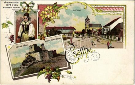 1913 Csejte, Csejthe, Cachtice; Hrad Báthorovcov / Schloss Ruine / várrom, Báthory Erzsébet, utcakép, Fő tér, templom / castle ruins, street view, main square, church, Elisabeth Bathory. Art Nouveau, floral, litho