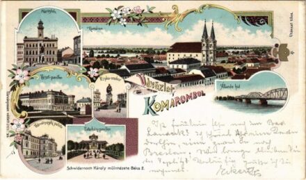 1898 (Vorläufer) Komárom, Komárnó; Városház, Tiszti pavilon, Törvényszéki palota, Esterházy pavilon, Klapka szobor, Állandó híd / town hall, officers' pavilion, court palace, pavilion, statue, bridge. Art Nouveau, floral, litho