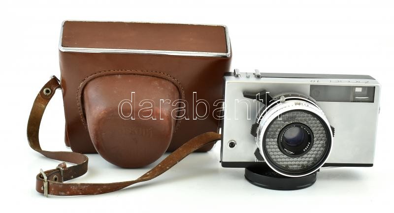 Zorki (Zorkij) 10 távmérős fényképezőgép, Industar-63 45mm f/2.8 objektívvel, eredeti bőr tokjában
